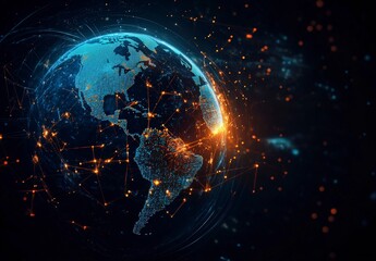 Glowing blue digital globe with network connections