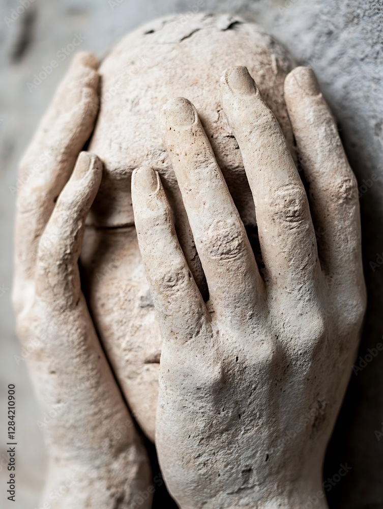 Poster artistic sculpture of a head with hands covering the face expressing deep emotions : generative ai