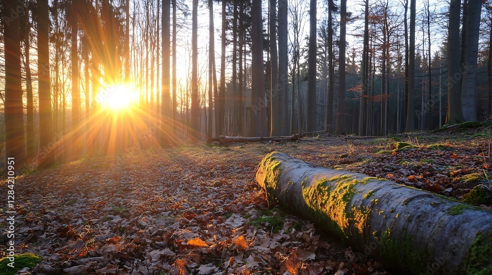 Poster sunset light breaking through forest trees with beautiful greenery and fallen leaves : generative ai