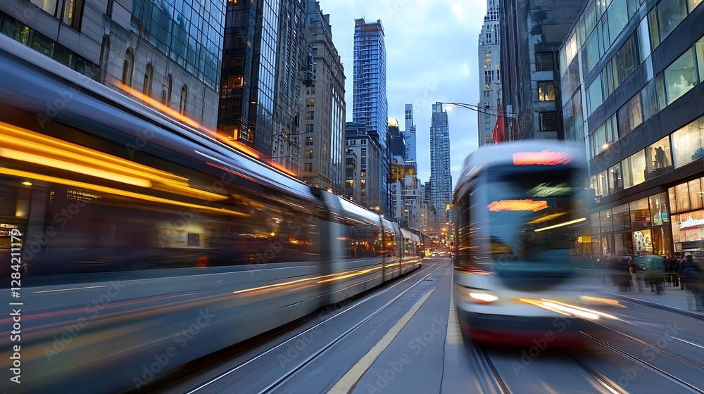 Poster Dynamic City Scene with Blurred Trains and Buildings Capturing the Essence of Urban Life and Motion : Generative AI