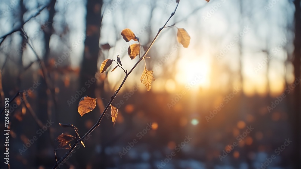 Poster Warm sunlight filtering through bare branches with dried leaves creating a calming autumn ambiance in a forested setting : Generative AI