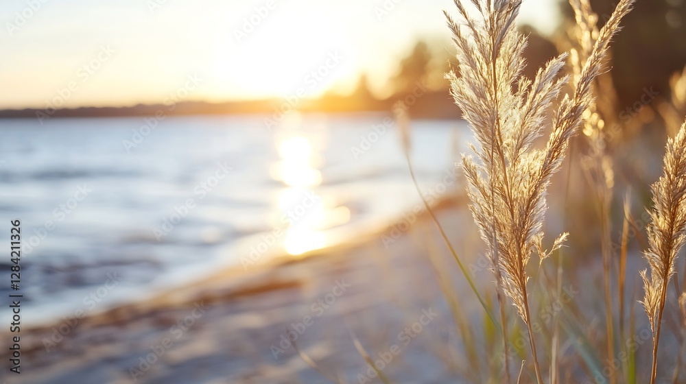 Poster Serene beach scene with golden grass swaying in the breeze at sunset reflecting on tranquil waters : Generative AI