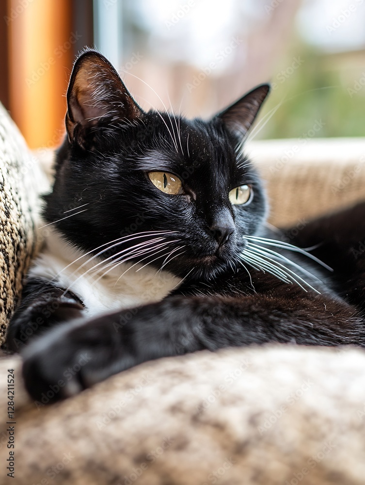 Poster charming black and white cat lounging comfortably on a cozy couch with relaxed expression : generati