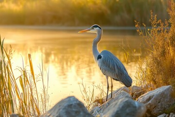 Heron near riverbank with sunset sky reflecting in the water