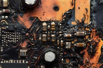 Damaged Circuit Board Macro Revealing Burnt Components and Broken Traces