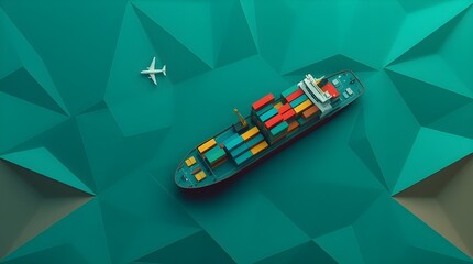 Origami Cargo Ship at Sunset, Aerial View, Teal Paper Fold Style, Generative AI.