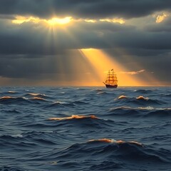 Dramatic Stormy Ocean Sunset, Golden Waves, Lone Ship with Golden Sails on Horizon. Ethereal, Spiritual, Mystical Seascape, Cozy Vibe, Generative AI.