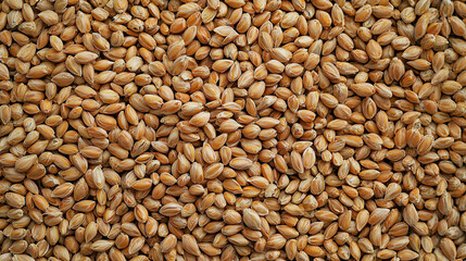 Fototapeta premium Wheat grain texture with close-up details showing natural organic seeds and grains in a pile, including barley, sesame, and sunflower seeds, captured in a dry and healthy agriculture setting