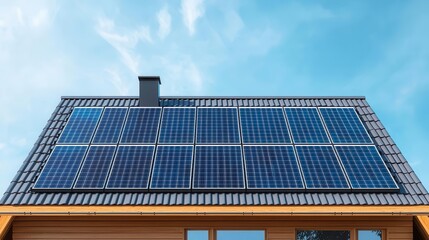 Naklejka premium Modern luxury bungalow surrounded by solar panel fences, Single Detached House Luxury Home Energy Efficiency, integrated energy solutions