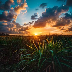 Dramatic Sunset Over Vibrant Sugar Cane Field Landscape