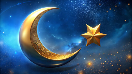 Naklejka premium Crescent moon and stars background blending deep blues and golds, symbolizing guidance and hope during the Imsak moment, with copy space 