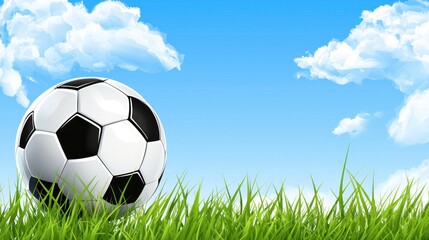 Fototapeta premium Soccer ball in grass against a blue sky