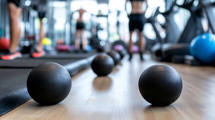 Gym interior view featuring workout balls on the floor ready for a fitness session or exercise routine : Generative AI