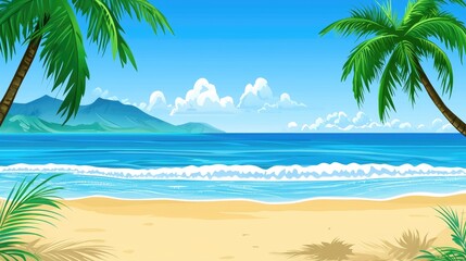 Tropical beach scene, calm waves, mountains in background, scenic vacation destination, digital art