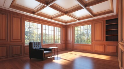 Fototapeta premium Elegant wooden interior of a spacious room with large windows and natural light, showcasing a cozy chair