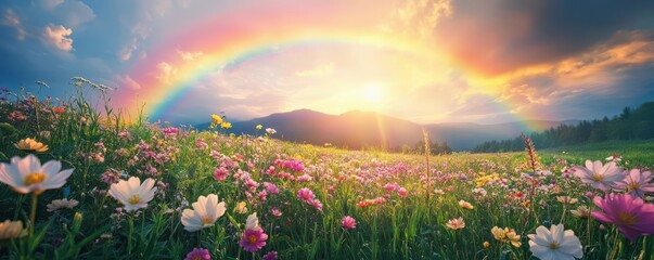 Obraz premium Vibrant sunset over mountain meadow with rainbow and wildflowers
