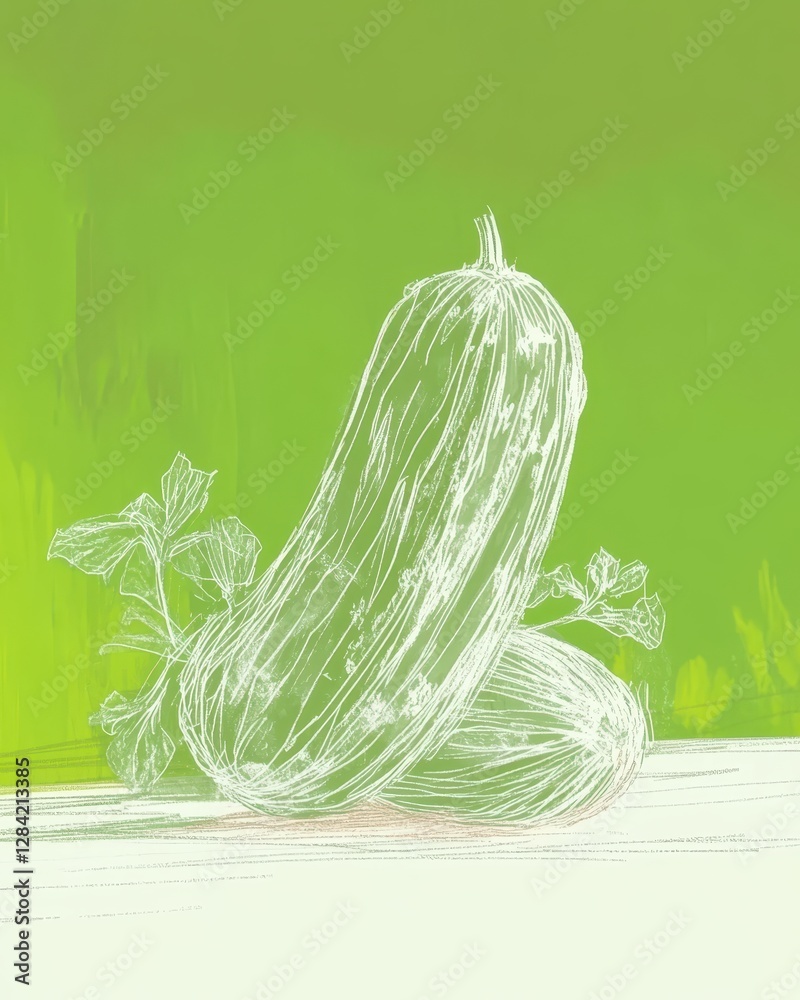Poster minimalistic line drawing of a cucumber celebrating natures simplicity in green
