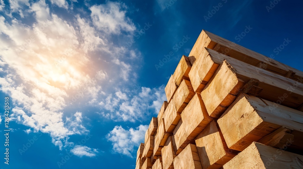 Aufkleber Stacks of lumber arranged against a bright sky creating a beautiful woodworking background : Generative AI