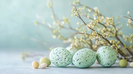 Fototapeta premium Pastel Easter Eggs and Blooming Branches Symbolizing Renewal and Spring Celebration