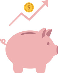 Pink piggy bank with a dollar coin and upward trend arrow in a minimal flat design vector illustration