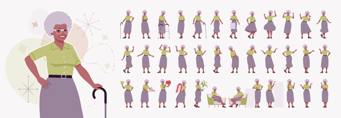 Senior woman african american old lady character set. Experienced grandma, older elegant nice looking kind granny, elderly person bundle, grandmother social active, healthy life. Vector illustration