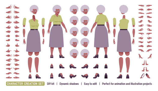 Senior woman african american old lady, nice elder DIY character creation set. Kind granny, old grandmother body figure parts. Head, leg, hand gestures, emotions, construction kit. Vector illustration