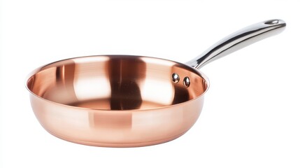 A copper frying pan with a shiny handle, showcasing its smooth surface and design on a white background.