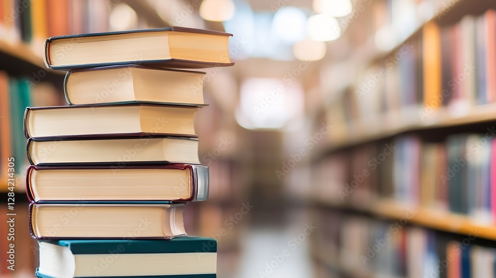 Aufkleber Stack of assorted books resting on a table in a library with blurred shelves in the background creating a serene atmosphere : Generative AI