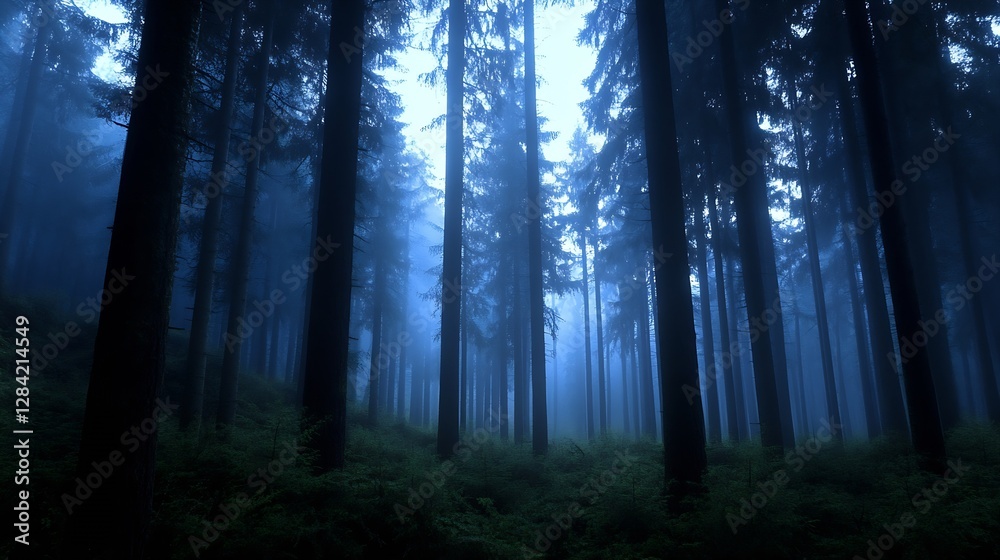 Poster Mysterious forest shrouded in fog with tall trees creating an enchanting atmosphere : Generative AI
