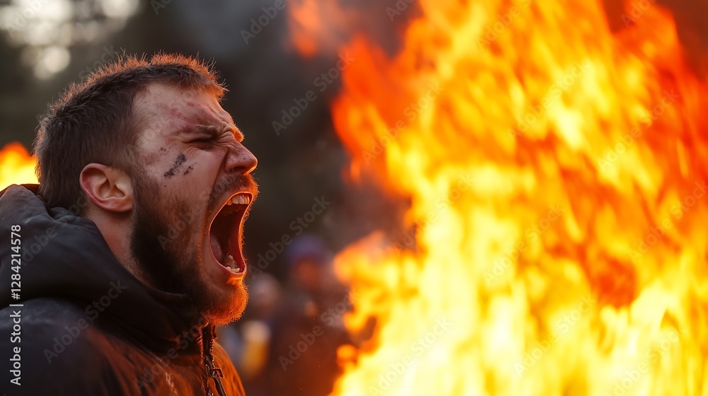 Poster intense emotional expression of a man screaming amidst a fiery background : generative ai