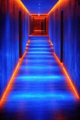 Fototapeta premium Illuminated Hallway with Vibrant Blue and Orange Glow Architectural Interior Design