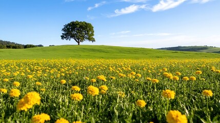 Fototapeta premium Vibrant Yellow Dandelion Flowers in a Green Pasture with a Lonely Tree : Generative AI