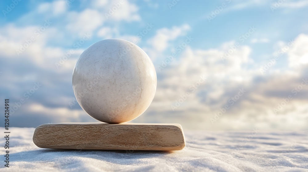 Aufkleber Serene Minimalist Image of a White Sphere Balanced on a Wooden Base Under a Bright Sky : Generative AI
