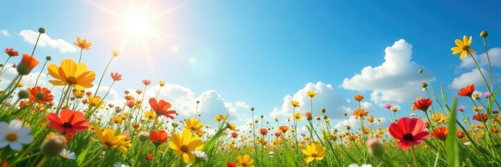 Fototapeta premium Sunlit wildflowers against a blue sky background, sky, peaceful