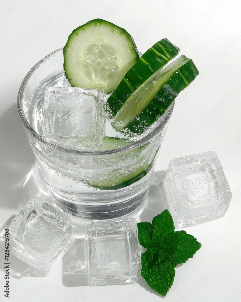 Poster elevate hydration with refreshing cucumber slices and ice in crystal clear water