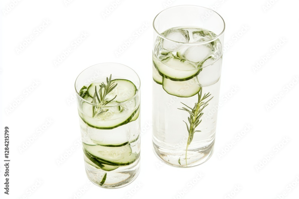 Poster cucumber water with ice cubes and fresh slices in clear glasses