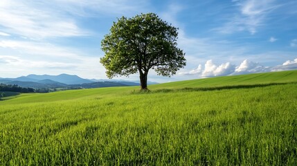 Lush green fields under a bright blue sky with a solitary tree standing prominently in the landscape : Generative AI