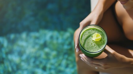 Moderate drinking at a luxury spa retreat, sipping a detox smoothie by the pool. Featuring wellness and rejuvenation