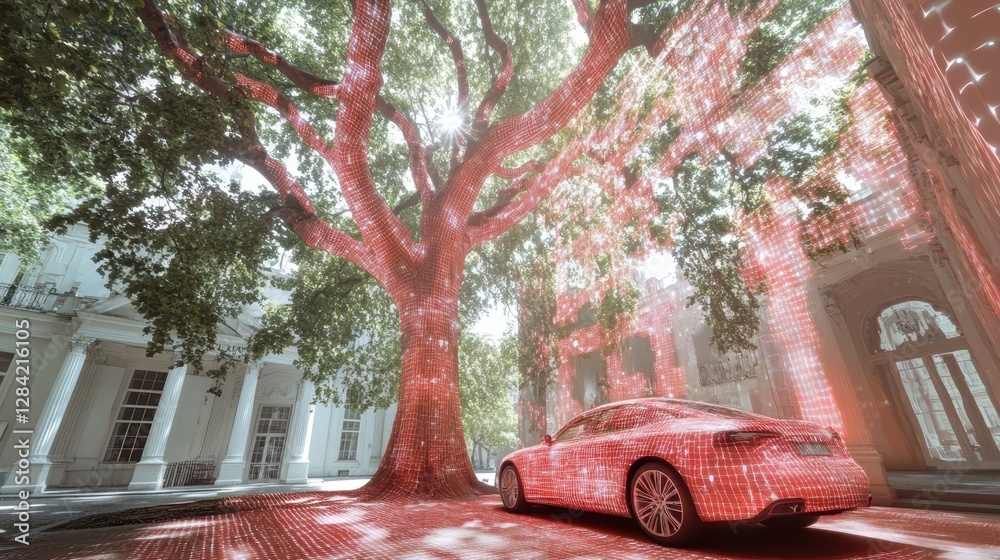 Poster digital transformation of nature and urban life through vibrant patterns and colors