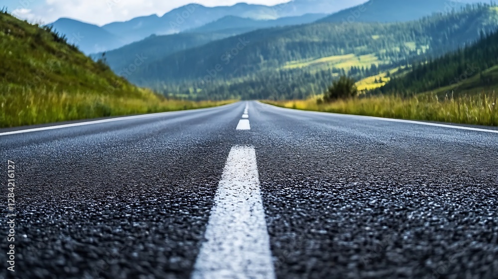 Poster a long empty road stretching through scenic mountain terrain under cloudy sky : generative ai