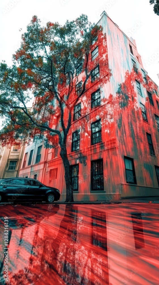 Poster Digital Transformation Reveals Vibrant Patterns on a Tree, Car, and Building in Urban Setting