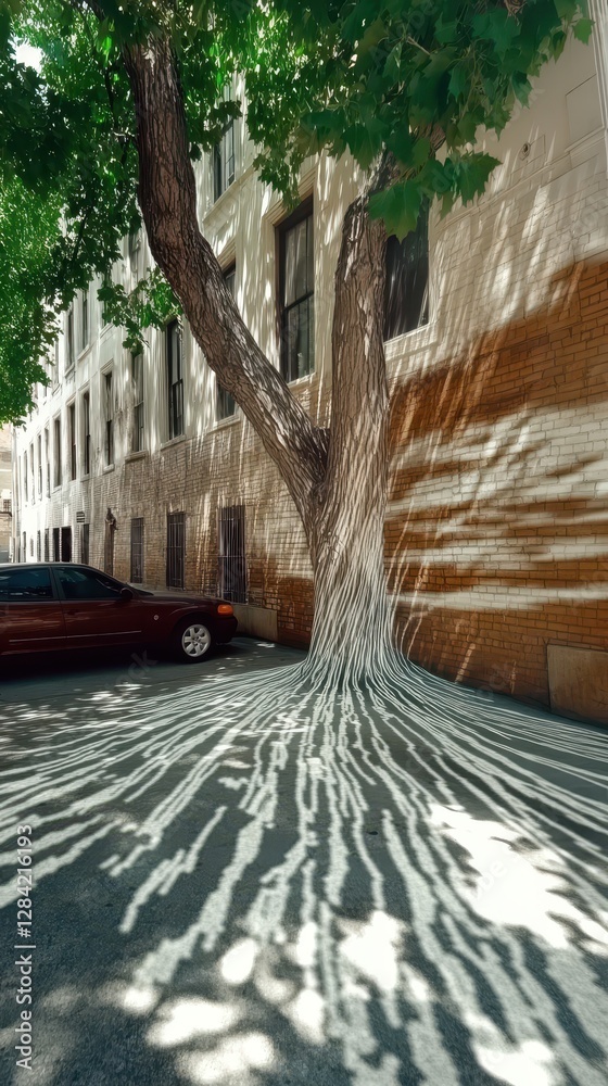 Poster Digital Patterns Blend With Nature in Urban Landscape Creating Striking Visual Phenomena