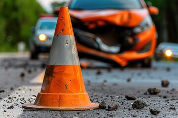 An orange traffic cone stands in front of a damaged orange car on a road, signaling an accident scene with debris scattered around. emergency response