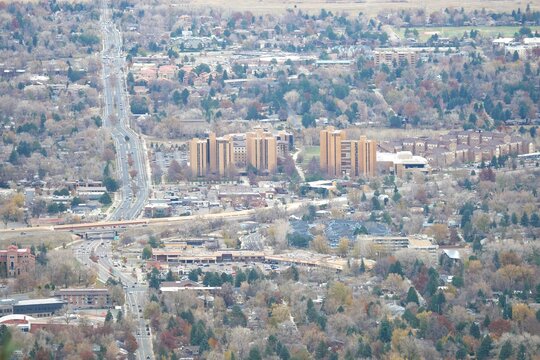 Tall dorms of University of Colorado and winding Baseline road, Boulder, Colorado