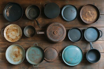 Collection of Vintage Cookware Arranged on a Wooden Surface Showcasing Diverse Shapes and Sizes