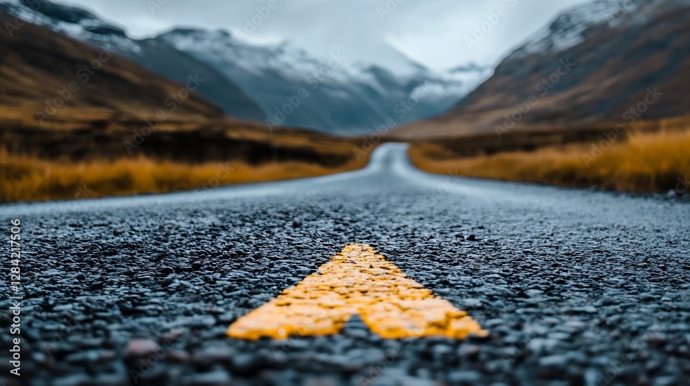 Poster a scenic view of a winding road with a yellow arrow painted symbolizing direction through mountainou