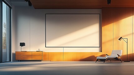 Sunlit Minimalist Interior Design Featuring Blank Canvas and Lounge Chair with Wooden Accents