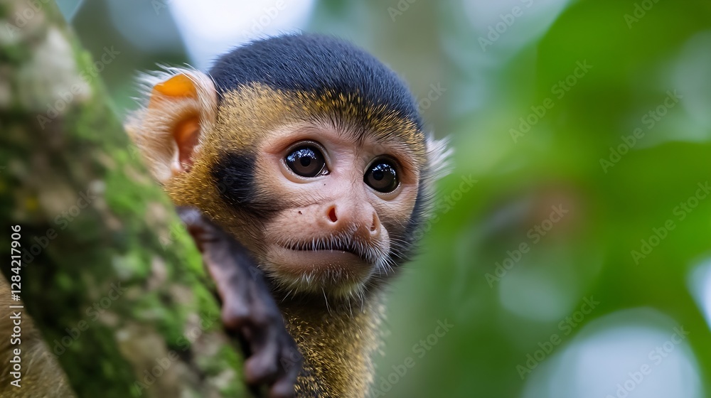 Poster Close up of an adorable monkey showing its expressive eyes in a lush green jungle setting : Generative AI