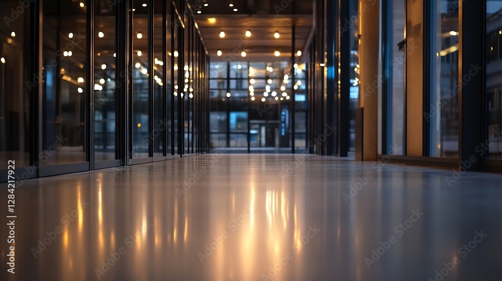 Poster modern office corridor with gleaming floor and stylish design illuminated by warm soft glowing light
