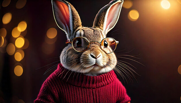 An ultra-realistic 3D render of a charming knitted-textured rabbit